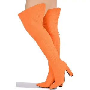 Orangey Thigh High Heel Boots - Orange