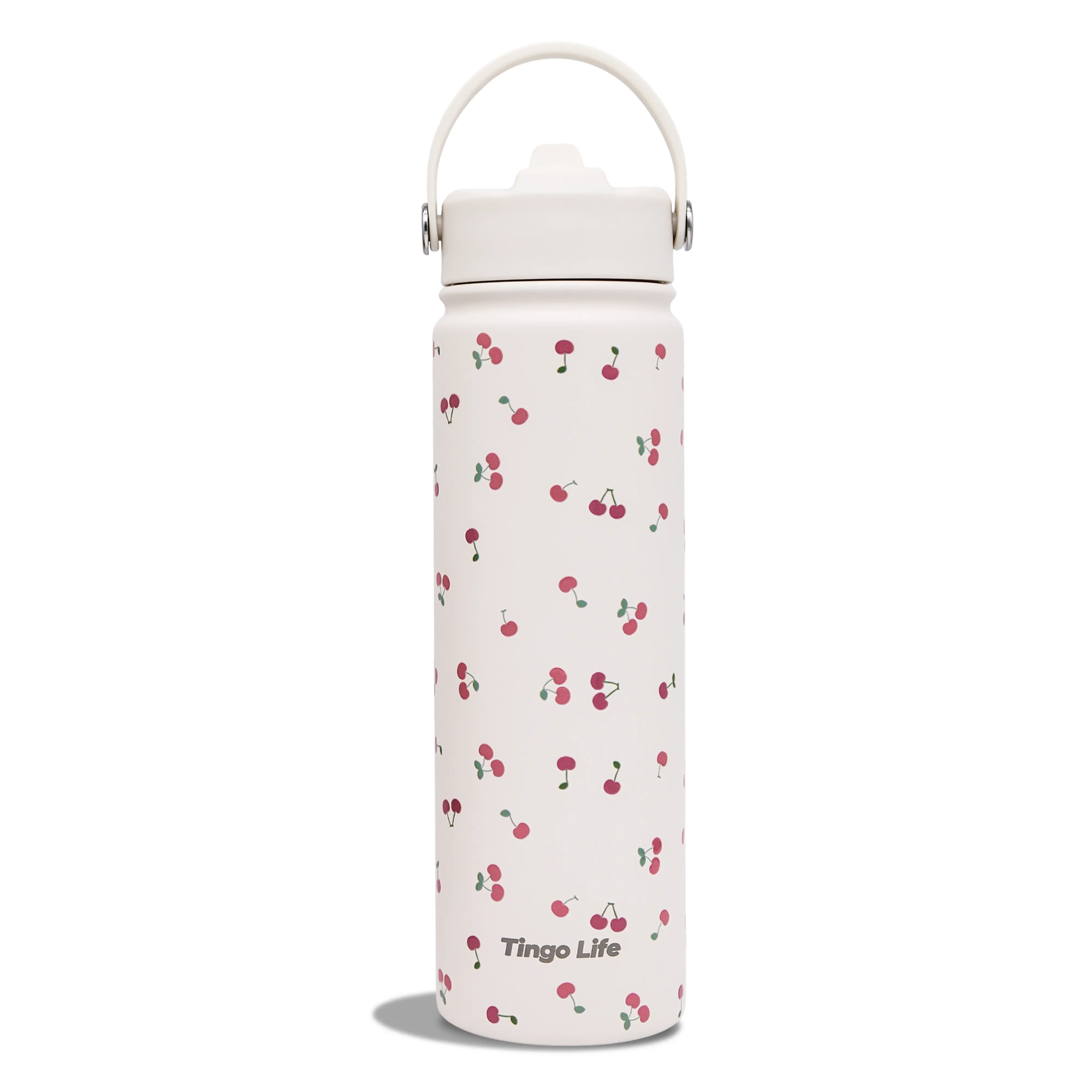 Tingo Life 25oz/32oz Stainless Steel Insulated Tumbler with Handle and Straw Lid - Cute Cherry Pattern Cream White Vacuum Water Bottle, Leakproof, Gifts for Women Girls