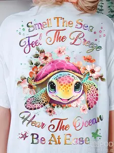 Plus Size Women's Vintage Sea Turtle & Coastal "Smell the Sea Breeze" T-Shirt - Breathable Short Sleeve Round Neck Loose Fit Top, Machine Washable Beachwear for Spring Summer Fall Casual Outfits