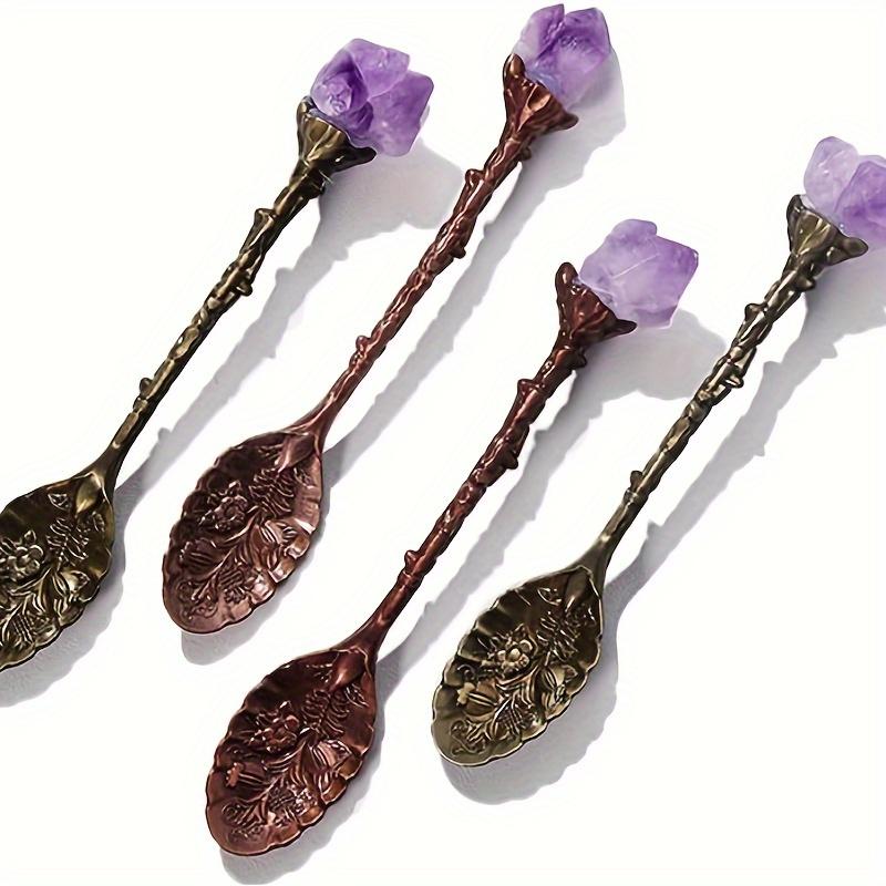 1/2/4/7pcs Natural Amethyst Flower Coffee Spoons Decorative Tea Spoons, Purple Crystal Spoons,Vintage Carved Spoons Dessert Spoon Ice Cream Spoons Hand Polished Raw Stone Crystal,Lucky home