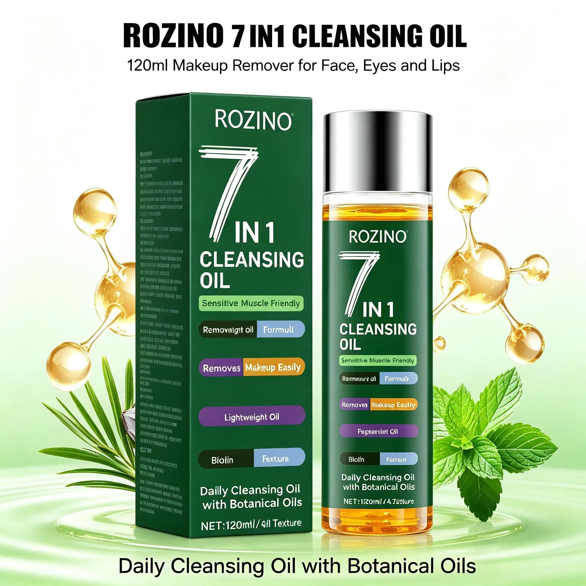 Botanical 7-in-1 Cleansing Oil with Castor & Batana Oil, Gentle Deep Cleansing Eye & Lip Makeup Remover Oil, Non-Irritating for Sensitive & Acne Prone Skin, 4.2oz Cosmetic Facial