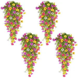 4PCS Artificial Hanging Flowers Fake Plants for Outdoors Summer Decor, Plastic Floral Plants with Lifelike Eucalyptus Leaves UV-Resistant Realistic Silk Flower Hanging Plants for Porch Home Patio Yard Garden Decorations