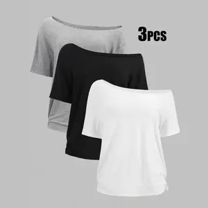 Plus-size Off-shoulder angled T-shirt Three-piece Set
