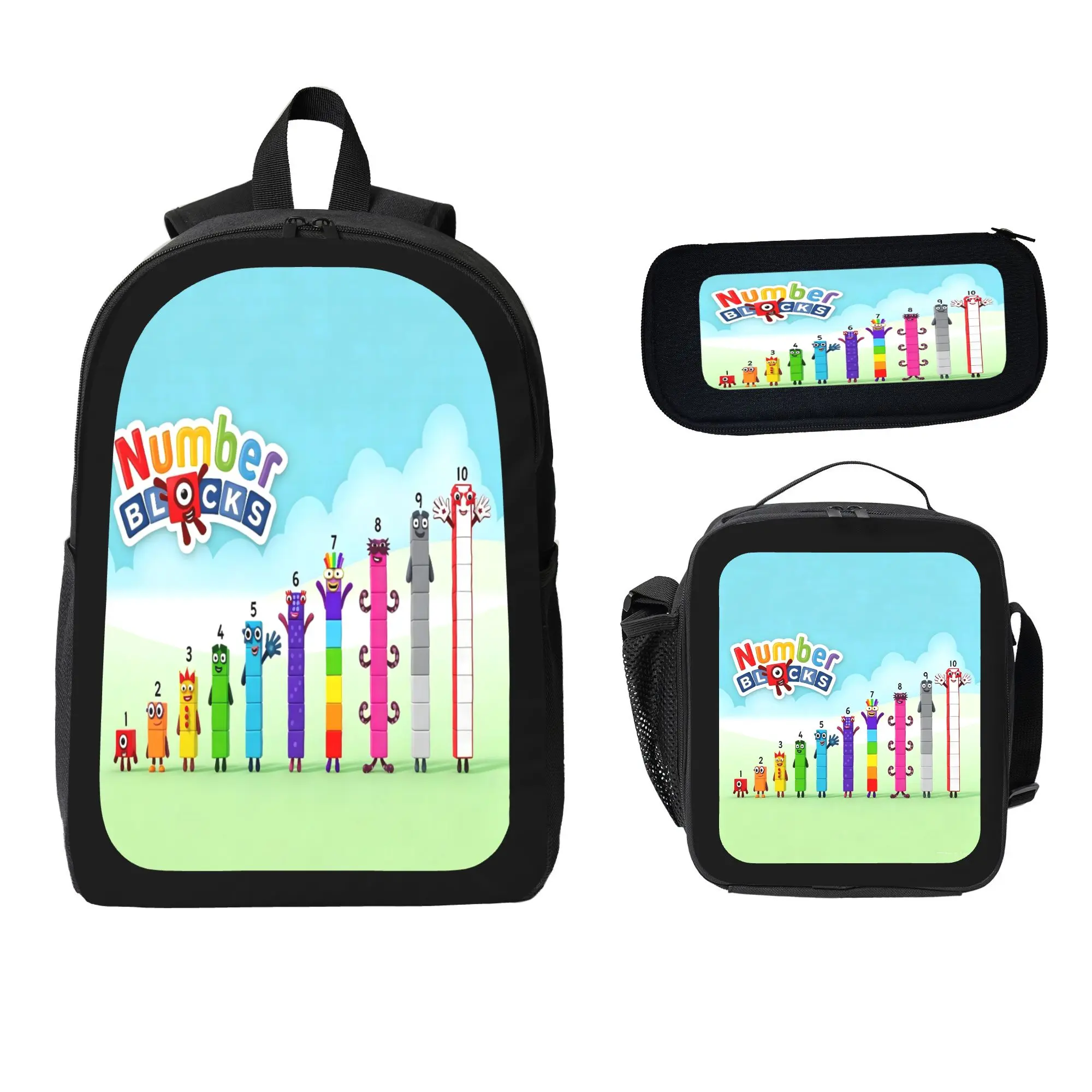 Numberblocks 3PCS Kawaii Backpack Set - Polyester Casual Preppy Unisex Stylish Daypack with Built-in Organizer, Lunch Bag, Pencil Case for Toddler Kids, Lightweight Large Capacity Daily Carry Gift