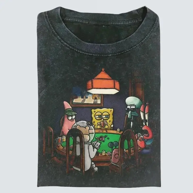 Vintage SpongeBob Playing poker CrewNeck T-shirt, Funny Graphic Tee Gift For Boyfriend Menswear Top Streetwear Unisex Casual Style & 2000s Streetwear tshirt ,100% Premium Cotton 230gsm ,Inspired graphic tees men gifts outfit men dailywear Menswear