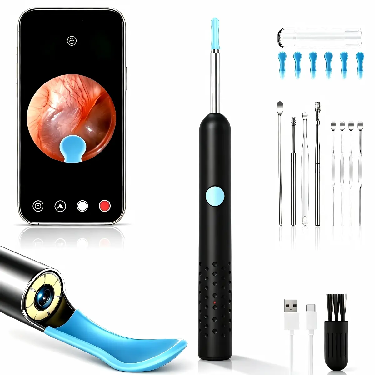 Household Smart Visual Ear Cleaning Tool - HD Endoscope Wireless Portable Set, 360° Wide View Lens, Long-Lasting Batteries, IP67 Waterproof, Compact Single Unit, USB Cable Included, for Family Earwax Removal Hygiene Camera
