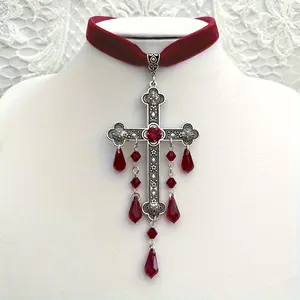 SilveryGothicVampireCruciformNecklace,VintageBohemianStyleSyntheticGemsDecor-3CustomScriptNameNecklaceBookPendantSterlingSilverSaintMichaelLargePearlSaturnWaterDropChokerclothstargallstoneHypoallergenicgrayfinger