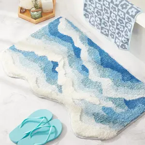 Blue  Wave Bath Mat, Cute Funky Bathroom Rugs for Coastal Beach Nautical Themed Decor, Non-Slip Washable Accent Rug for Bedroom Kitchen, Trendy Tufted Shower Mats 31"x 21"