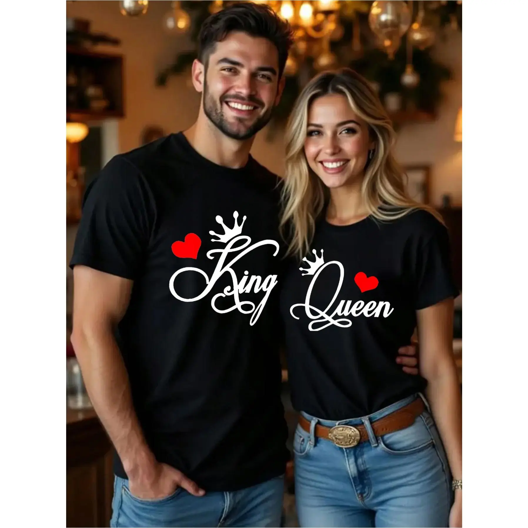 Matching Couple T-Shirts - King & Queen Graphic Tees with Crown & Hearts Design, 100% Cotton Regular Fit Crew Neck Short Sleeve, Funny Anniversary Gift for Couples, Black