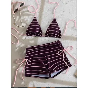 Swim Mod Striped Halter Backless 2 Piece Set for Women, Side Tie Shorts Bikini Outfit, Sexy Summer Beach Vacation Wear