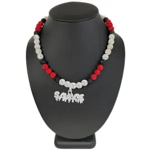 Iced Bling Disco Ball Rhinestone Crystal Bead Baseball Necklace Red White Black Savage