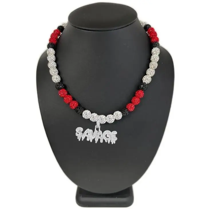 Iced Bling Disco Ball Rhinestone Crystal Bead Baseball Necklace Red White Black Savage