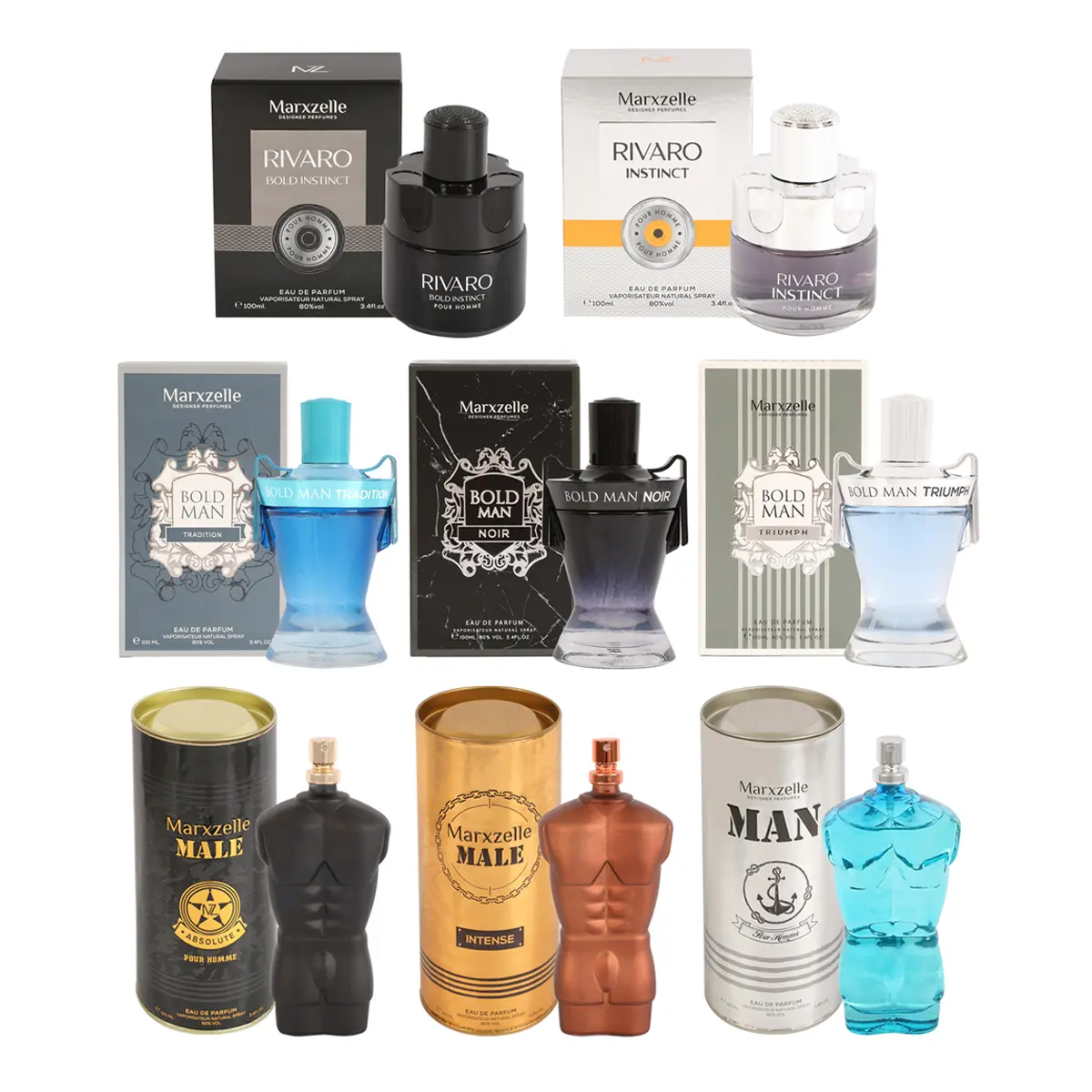 Marxzelle Men's Creator Package 2 - Rivaro Bold Instinct(MZ1060), Rivaro Instinct(MZ1053), Bold Man Triumph(MZ5688), Bold Man Noir(MZ5671), Bold Man Tradition( MZ2372), Intense(MZ0131), Absolute(MZ0132), Man Pour Homme( MZ2501), Eau De Parfum for Men