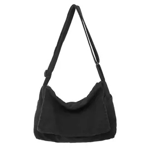 Vintage Minimalist Versatile Flap Shoulder Bag, Thick Washed Canvas Bag, Casual Versatile Large Capacity American Messenger Bag, College Style Japanese University Student Schoolbag, Short Trip Travel Bag, Simple Street Cloth Bag, Black Crossbody Bag