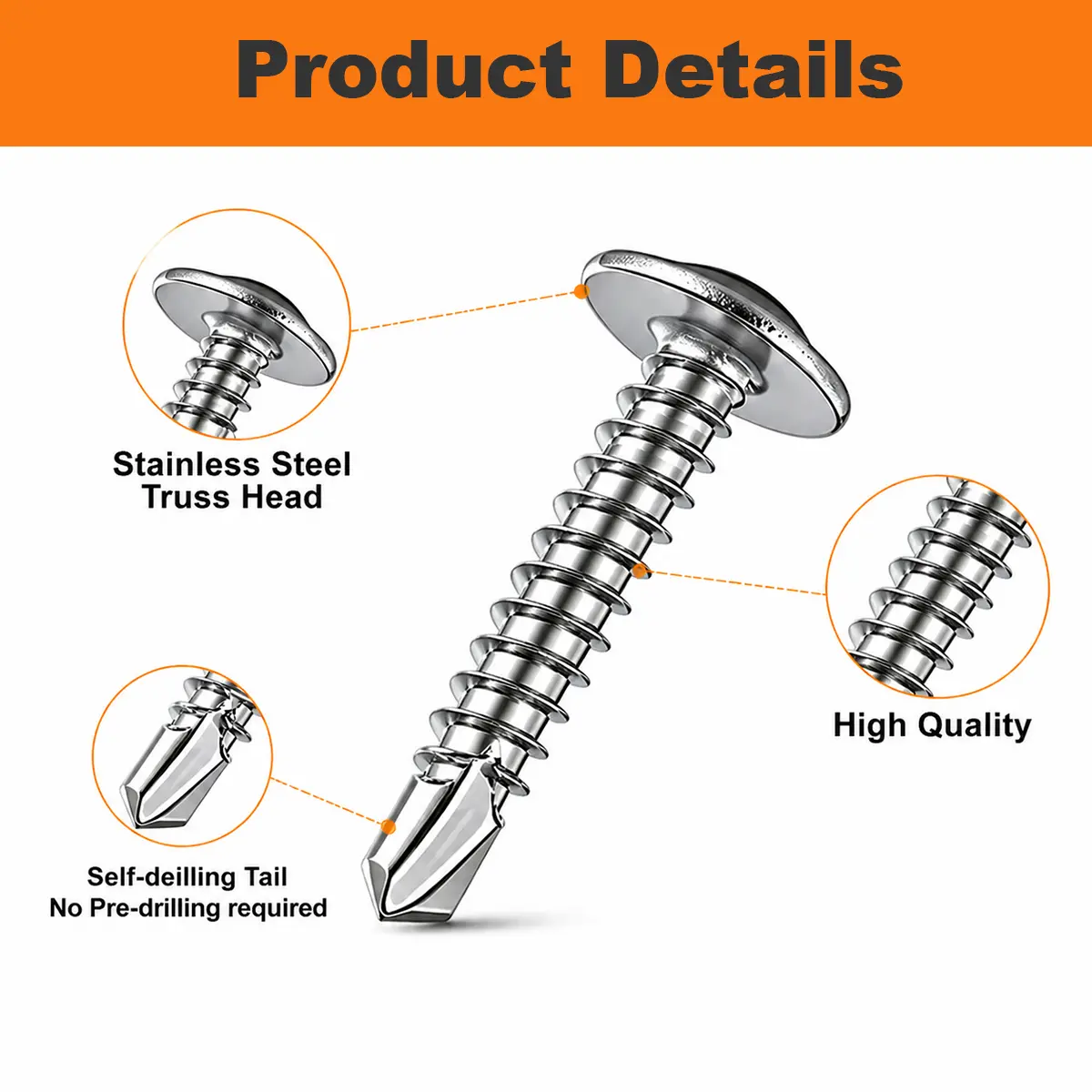 200PCS Industrial Carbon Steel Self-Drilling Tek Screws - Heavy-Duty Truss Head Sheet Metal Screw Kit for No-Drill Fast Installation in Metal Work, DIY Projects