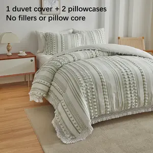 Boho 3Pcs Duvet Cover Set (1 Duvet Cover +2 Pillowcases) Sage Green Tassel Bedding Set Bohemian 100% Washed Cotton Beddings Luxury Elegant Sage Green Quilt Covers Set Decorative Duvet Cover