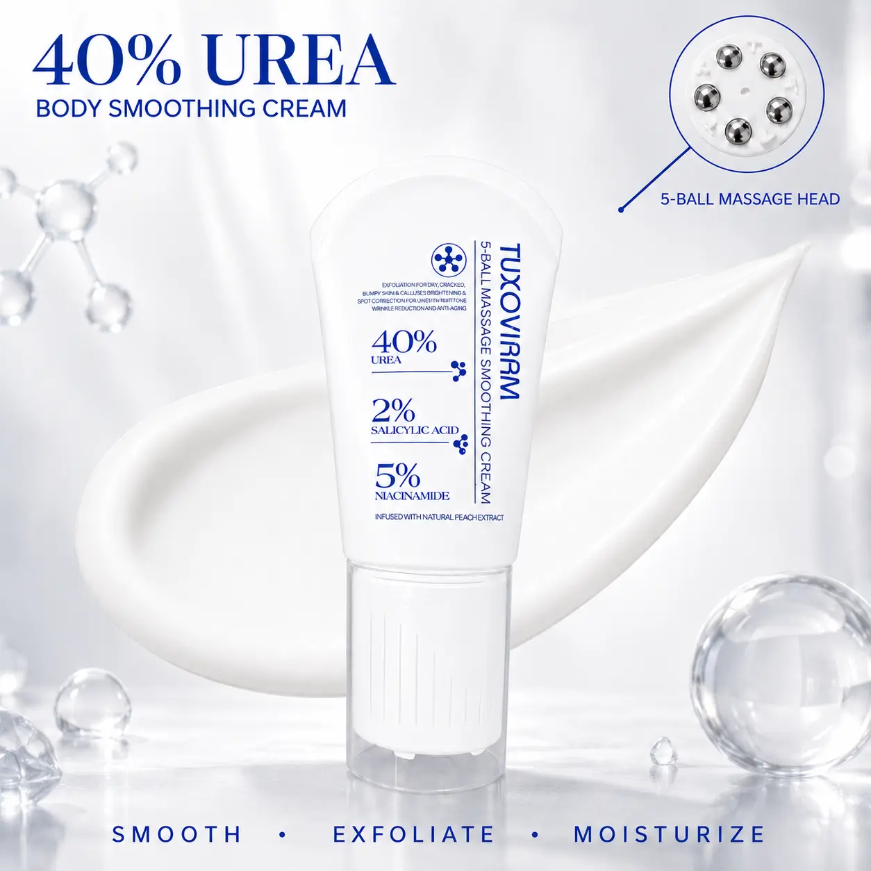 TUXOVIRAM 40% Urea Body Cream for Rough, Dry Skin - Intensive Moisturizing and Exfoliating Care with 2% Salicylic Acid and 5% Niacinamide, Featuring a 5-Rollerball Massage Applicator, 150 mL