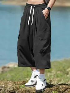 Men's Plus Size Casual Workwear Seven-Quarter Pants, Drawstring Ankle Strap, Multiple Pockets, Suitable for Outdoor Activities and Sports