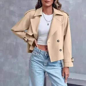 Women's Solid Color Double Button Detail Crop Jacket, Casual Minimalist Long Sleeve Lapel Neckline Outerwear for Fall & Winter, Ladies Clothes for Daily Wear, Coat, Going Out Tops, Casual Chic Outerwear, Womenswear Basic Beige Fitted