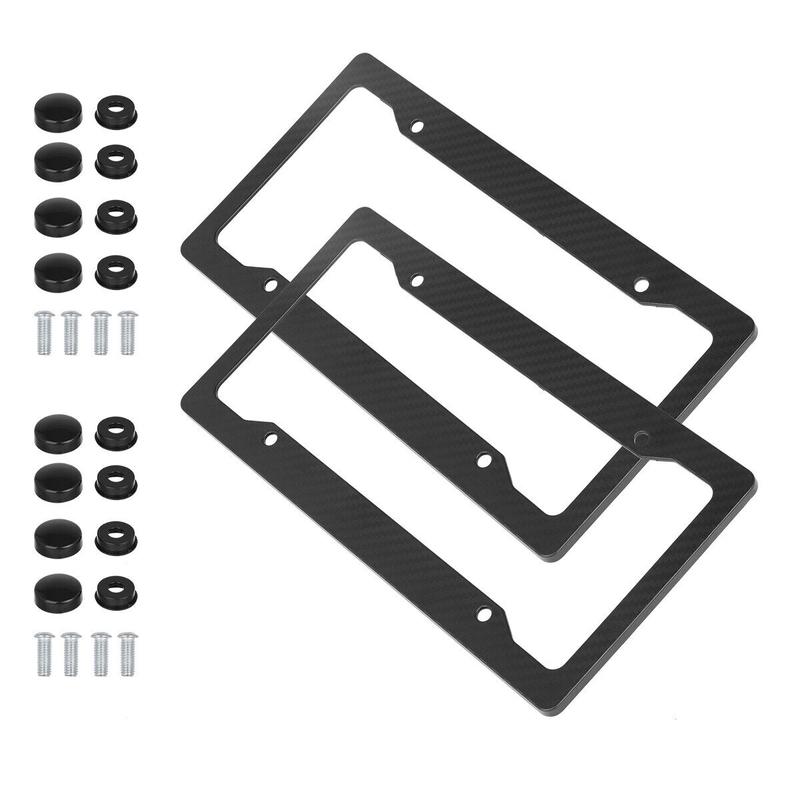 Carbon Fiber License Plate Frame - 2 Pack with Fasteners, Screws, and Mounting Holes, Waterproof Plastic Number Plate Holder, Black Color