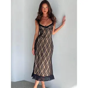 Women's Geometric Print Contrast Lace Bow Decor Vintage Bodycon Dress, Dresses for Women, Homecoming Dresses, Birthday Dresses, Sleeveless Dress for Party Club Dating Wear, Lace Dress, Summer Dresses, Elegant Dress, Evening Gown, Womenswear