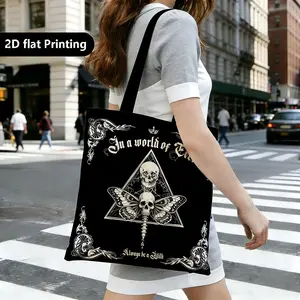 Gothic Skull Butterfly Canvas Handbag, Lilith Theme Mystic Print, Eco-Friendly Witch Style Shoulder Shopping Bag, Lightweight Durable Daily Use, Versatile, Unique Look, Mystic Design