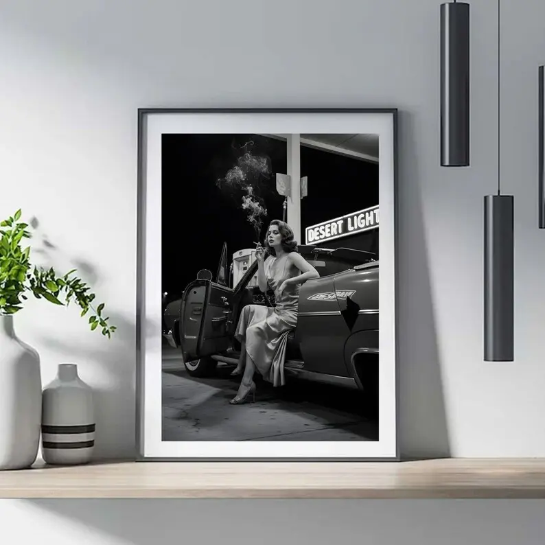 [Sale Up to 60% Off][Free Shipping][No Frame] Desert Gas Station Wall Art Black and White Photography Vintage Car Print Retro Americana Road Trip Decor Poster