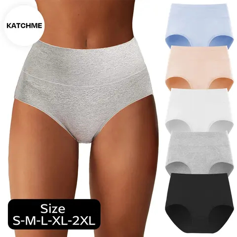 KatchMe Women's Cotton Solid Color High Waist Seamless Skin-Friendly Breathable Panties,5 Pack Double-Layer Stretch Panties,Multipack Cotton Underwear