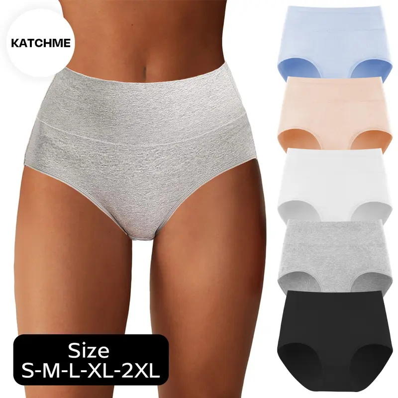 KatchMe Women's Cotton Solid Color High Waist Seamless Skin-Friendly Breathable Panties,5 Pack Double-Layer Stretch Panties,Multipack Cotton Underwear