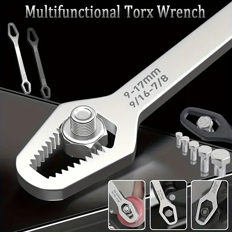 Multifunctional Torx Wrench, 9-17mm Universal Double-Ended Adjustable Wrench, Heavy Duty Steel Self-Adjusting Wrench Tool for Nuts, Bolts, Auto Repair & Home Maintenance, Universal Car Torx Wrench – 9/16" to 7/8" Range