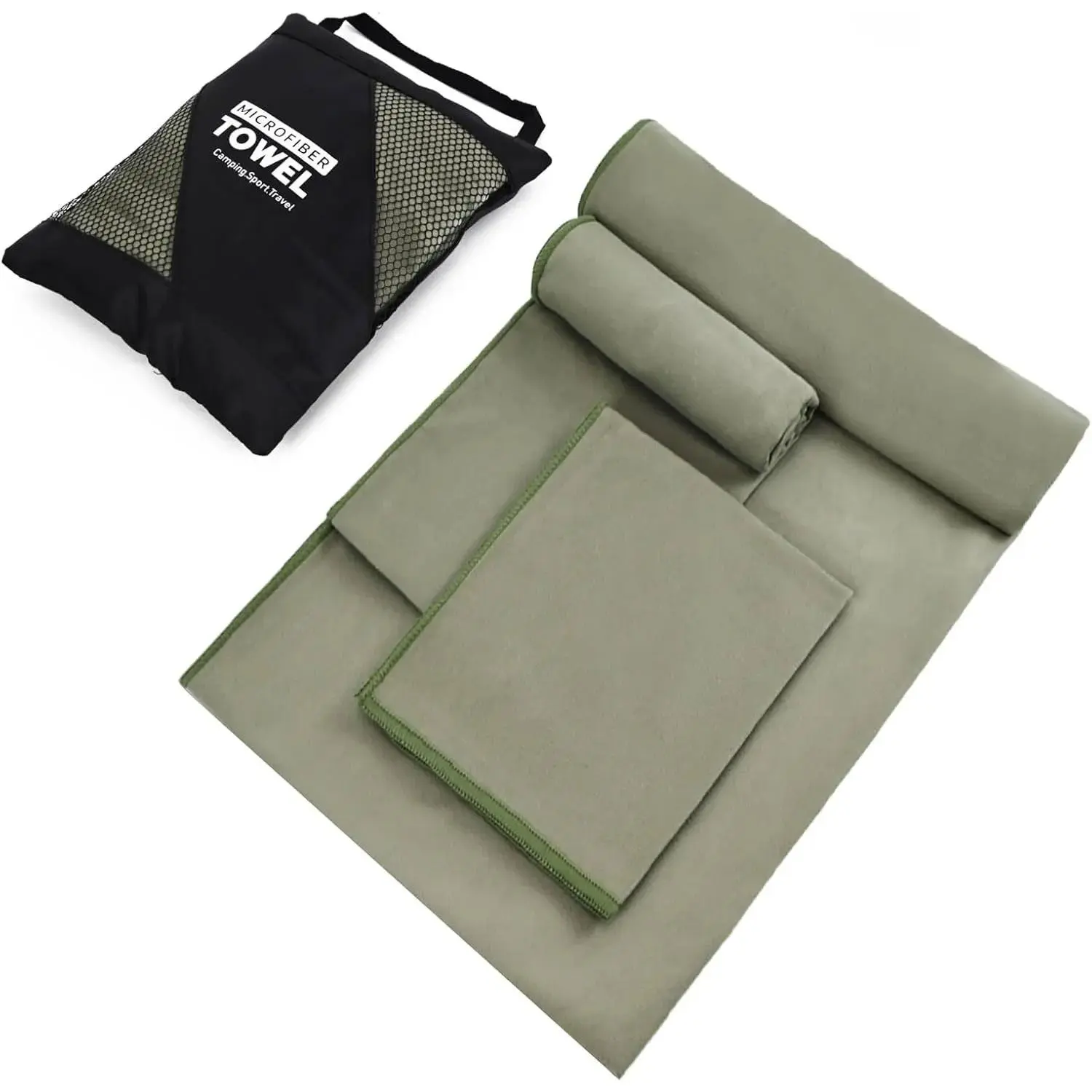 Army Green Microfiber Camping Towel - Quick Drying, Absorbent Breathable, Lightweight Soft, Multifunctional Towel (1 Pack, 3 Sizes) for Camping, Beach, Gym, Microfiber Towels