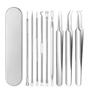 9 Pcs Blackhead Remover Comedone Extractor, Curved Blackhead Tweezers Kit, Professional Stainless Pimple Acne Blemish Removal Tools Kit