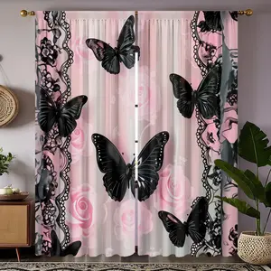 2pcs lace butterfly cute sweet printed decorative curtains, semi transparent to protect privacy, fade resistant, hand washable and machine washable, pole bag hanging, suitable for bedroom and living room decoration, Home Decoration Curtain