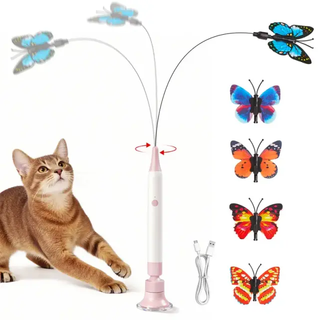 Potaroma Rechargeable Electric Touch-Activated Interactive Cat Teaser Wand - Spinning Butterfly, Elastic Wire, Spin & Shake Function, Suction Cup, Universal Fit, Self-Play & Handheld Modes, Durable for Indoor Cats & Kittens, Ball Chaser Toy, Ca