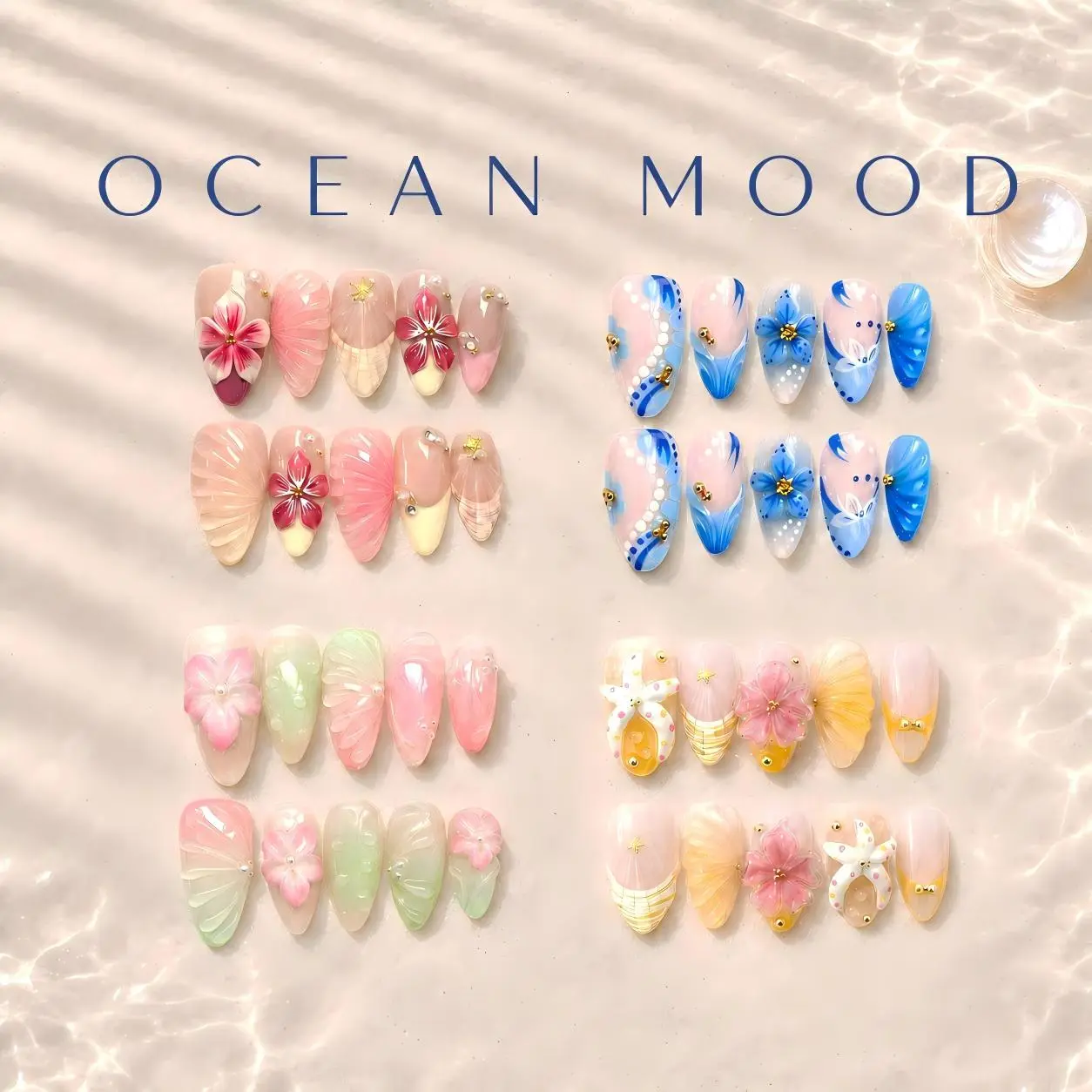 Seaside Mood Press-on Nails, 10 Pieces Handmade 3D Floral French Tips, Glossy Almond Shape Acrylic Nails for Salon-Look Weekly Wear, Ocean Mood, Coastal Mood