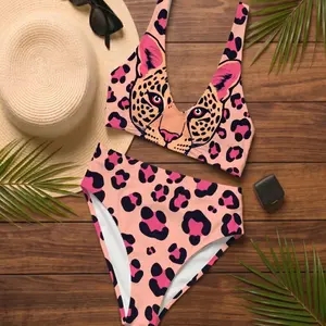 Pink Leopard Face High Waisted Bikini, Cheetah Print Two Piece Swimsuit, Aesthetic Graphic Bathing Suit, Summer Beach Vacation Outfit