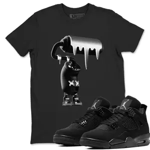 Outfit wear with Jordan 4 Black Cat Sneaker, Black Cat 4s Shirt, 3D Paint Roller Graphic Tee, 100% Cotton, Design Printed T-Shirt, Unisex Shirt Gift