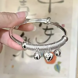 1 Piece Women’s Silver Tone Copper Adjustable Bangle, Dainty Heart & Bell Charm Bracelet, Elegant Stackable Jewelry for Everyday, Work, Party, Valentine’s & Mother’s Day Gifts permanent