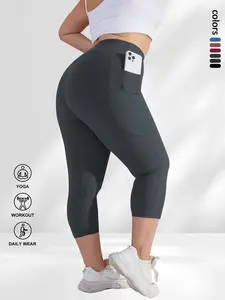 【Plus Size】 Solid Color Pocket Design Capri Leggings, Casual Comfy High Stretch Yoga Leggings, Athleisure Fitness Leggings, Women's Bottoms for Daily Wear