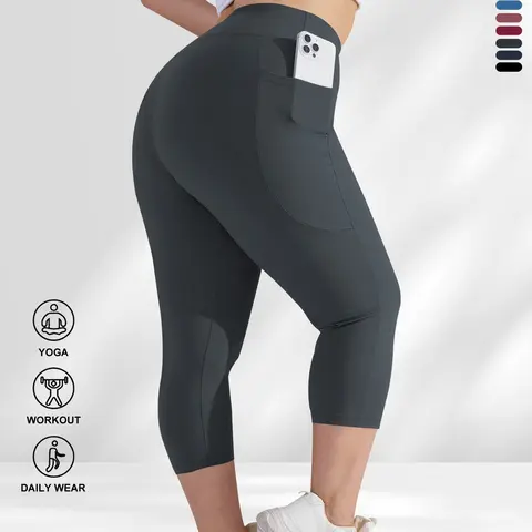 【Plus Size】 Solid Color Pocket Design Capri Leggings, Casual Comfy High Stretch Yoga Leggings, Gym Workout Sportswear, Athleisure Fitness Leggings, Women's Bottoms for Daily Wear, Leggings with Pocket, Gym Workout Apparel