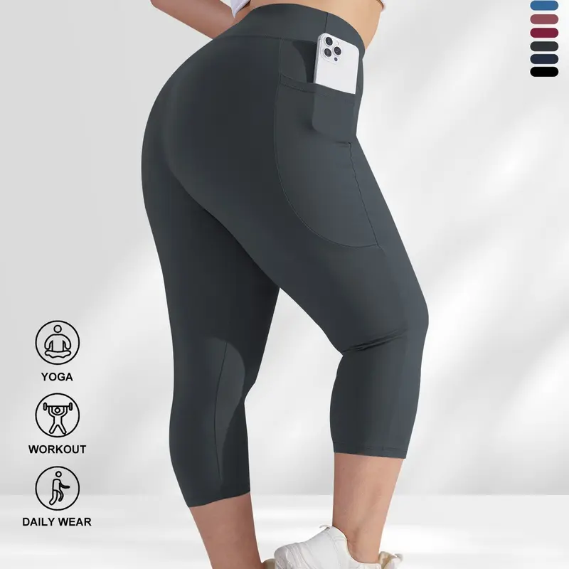 【Plus Size】 Solid Color Pocket Design Capri Leggings, Casual Comfy High Stretch Yoga Leggings, Gym Workout Sportswear, Athleisure Fitness Leggings, Women's Bottoms for Daily Wear, Leggings with Pocket, Gym Workout Apparel