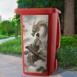 Funny Trash Can Sticker, Dragon & Flute Girl Design, Self-Adhesive Waterproof PVC Art Decal, 37.01x81.99 Cm, for Kitchen Bathroom Decor