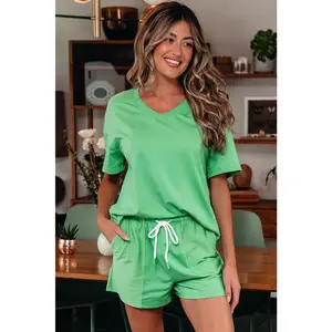 Mint Women's 2-Piece Short-Sleeve V-Neck Drop-Shoulder Tee & Patchwork Drawstring Elastic-Waist Shorts Set, Adjustable Polyester Casual Fitted Basic Shortsleeve Womenswear, Plain, Women's Clothes, Clothes