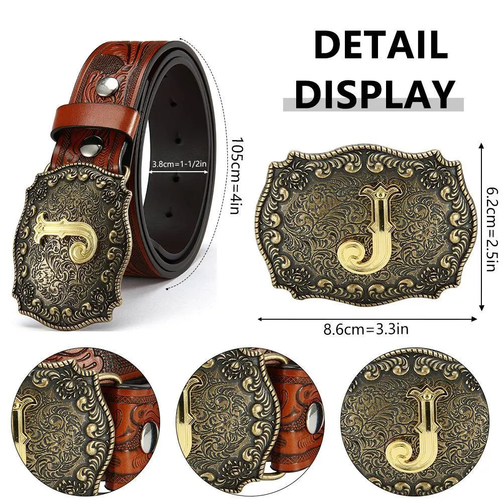 Classic Red Brown Real Leather Belt - Western Style Belt with Custom Letter Detail, Vintage Cowboy Aesthetic, Ideal Gift for Special Occasions