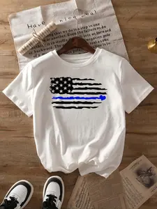 Women's Thin Blue Line American Flag Print Round Neck Graphic Tee, Vintage Trendy Casual Short Sleeve T-shirt for Daily Wear, Ladies Summer Outfit