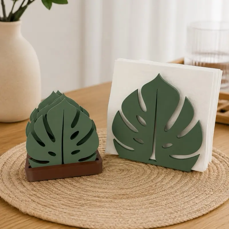 Monstera Leaf Coaster Set with Napkin Holder – Decorative Table Decor