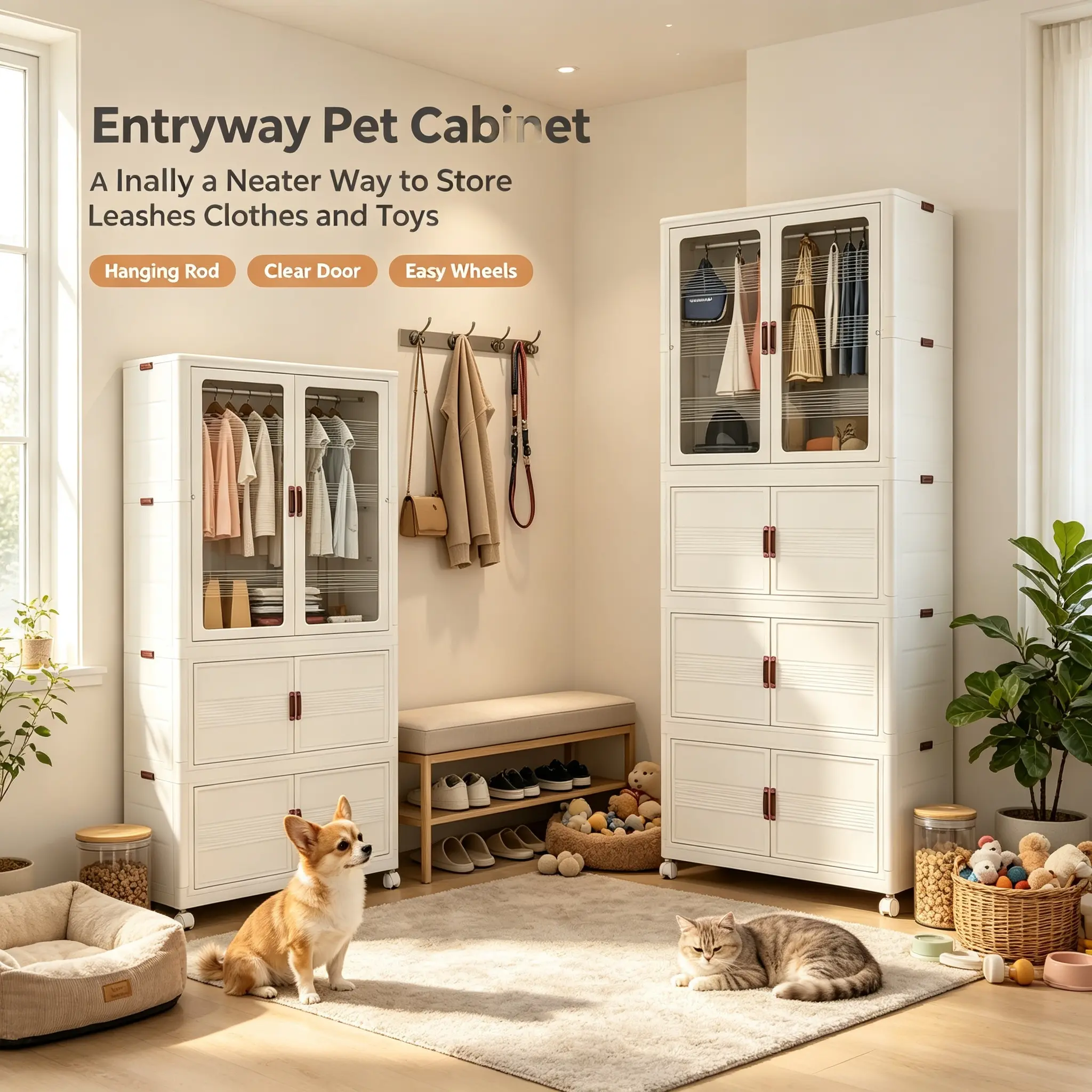 Pet Supply Storage Cabinet with Hanging Rod & Magnetic Doors, Large Stackable Organizer for Dog Food, Cat Supplies, Toys, Treats, Leashes & Grooming Essentials
