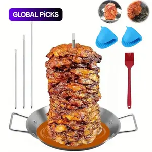 BBQ Skewers, 304 Stainless Steel Vertical Skewers, Brazilian Vertical Skewer Rack with 3 Removable Vertebrae (8"/10"/12") and Silicone Gloves, Brush, for _tacos_al_pastor, Shawarma Skewers Smoker Oven Grill Pan, Kitchen Barbecue Accessories #GLOBAL PICKS
