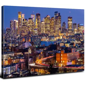 Boston Skyline Wall Art Colorful Night Boston Photography Wall Decor for Living Room USA City Building Poster Modern Cityscape Canvas Prints Picture Artwork Bedroom Office Room Home Decorations