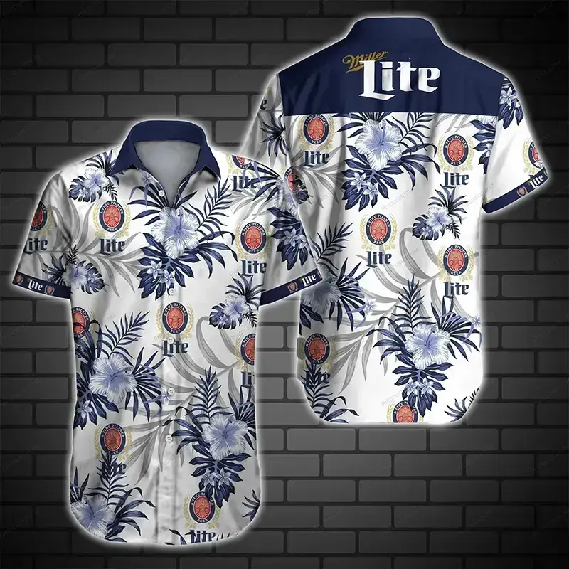 Miller Lite Hibiscus Flower Pattern Hawaiian Shirt for Men Button Down Summer Beach Short Sleeve Casual Classic Sizes S-5XL